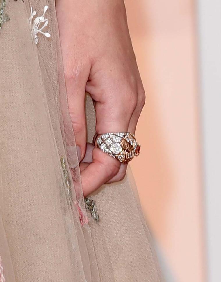 Actress Keira Knightley added this Chanel ring to her Oscars red carpet jewelry, perfectly complementing her dreamy, floral embroidered Valentino gown.